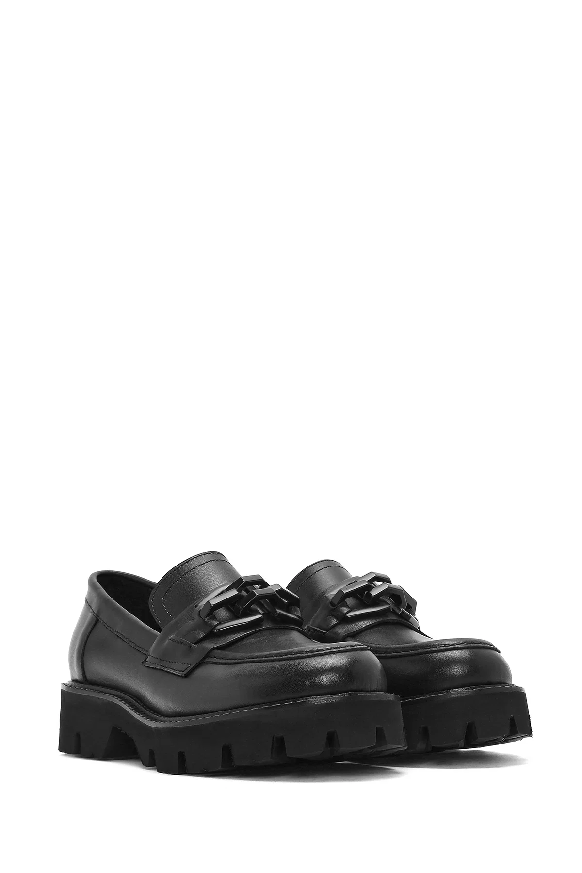 Kadın Siyah Kalın Tabanlı Deri Maskülen Loafer - Image 3
